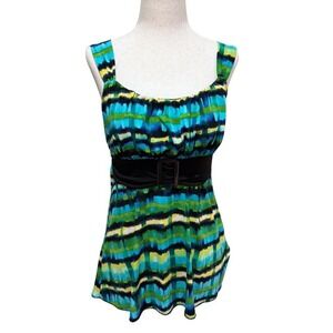 Y2K 2000s IZ Byer Blue and Green Striped Babydoll with Black Belt and Tie Back